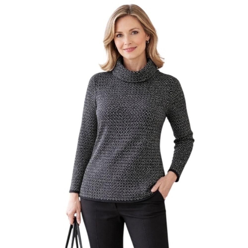 Talbots petite Merino Wool Sweater in black white geometric pattern xl